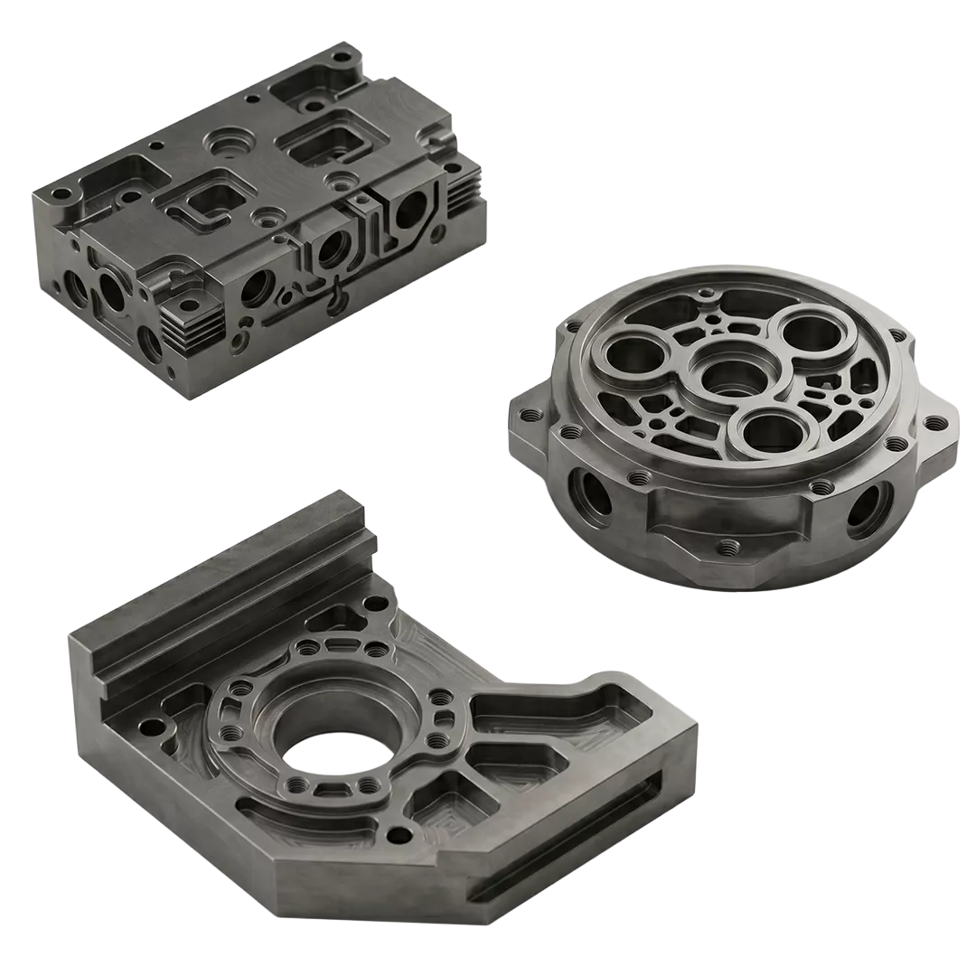 Drei präzisionsgefertigte Metallteile mit komplexen geometrischen Formen und mehreren Löchern, Rillen und Ausschnitten, dargestellt auf einem schlichten weißen Hintergrund.