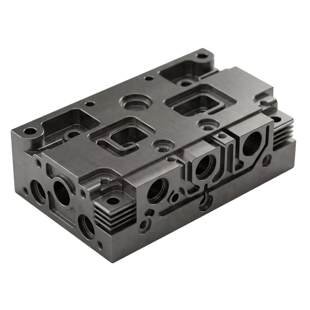 Ein maschinell bearbeiteter Metallblock mit mehreren Löchern, Rillen und komplexen geometrischen Ausschnitten, der wahrscheinlich als industrielles oder mechanisches Bauteil verwendet wird.