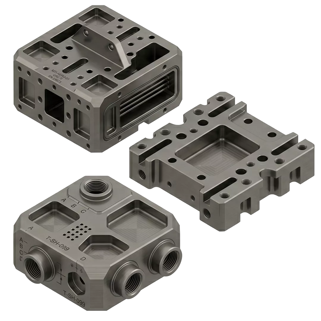 Drei präzisionsgefertigte Hydraulikverteiler aus Metall mit verschiedenen Löchern, Gewindeanschlüssen und Kanälen, die für Fluidsteuerungssysteme entwickelt wurden, sind vor einem weißen Hintergrund angeordnet.